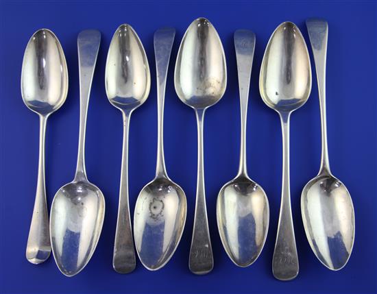 A harlequin set of 18th and 19th century silver table spoons, 16 oz.